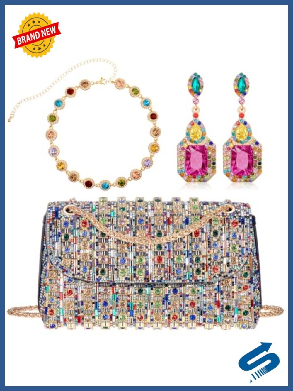Rhinestone Clutch Purse Necklace Earrings Set Evening Bag Formal Wedding